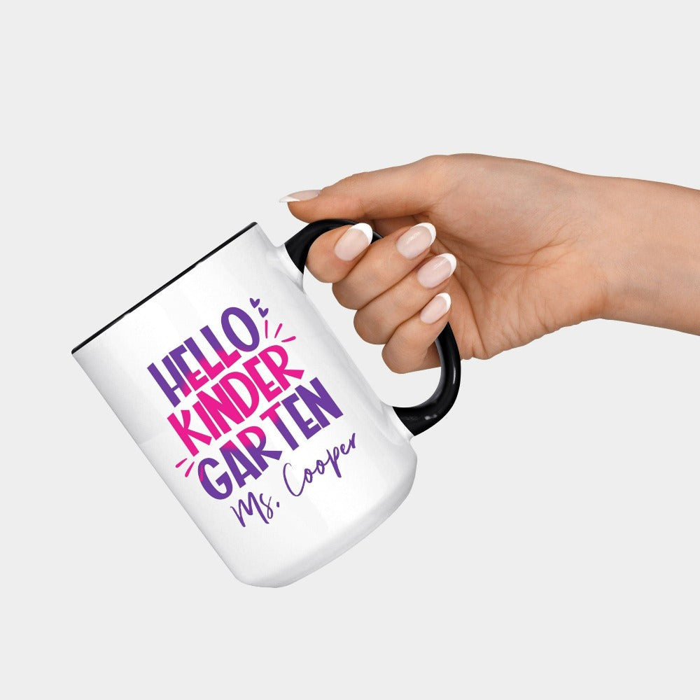 Hello Kindergarten! Customize this retro vibrant new grade coffee mug as a thank you gift idea for teacher, trainer, instructor and homeschool mama. Create a custom look and show appreciation to your favorite grade teacher with this unique present. Perfect for elementary team spirit, back to school, last day of school, summer or spring break. Great for everyday use both in and out of the classroom.