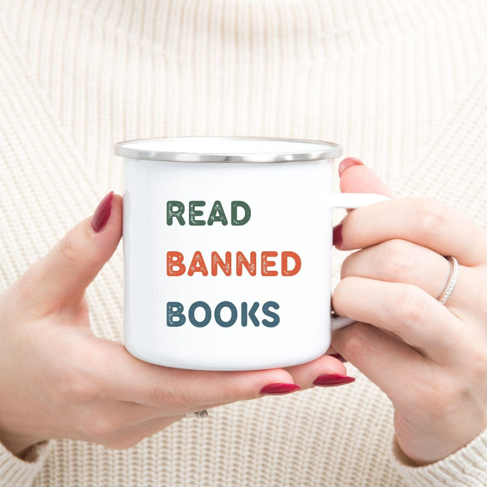 Funny book lover, English literature teacher, reading club or librarian gift idea. This Read Banned Books Humorous saying is a great expressive quote on a cute coffee mug. It always becomes the center of great conversation and a favorite for writers.