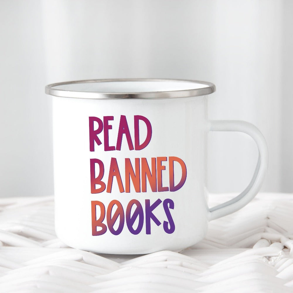 Funny book lover, English literature teacher, reading club or librarian gift idea. This Read Banned Books Humorous saying is a great expressive quote on a cute coffee mug. It always becomes the center of great conversation and a favorite for writers.