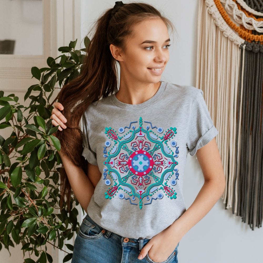 This empowered mandala t-shirt is a perfect gift idea for every woman. The abstract and symmetry pattern gives this shirt a great aesthetic and spiritual look. A perfect yoga shirt to your mom, wife, daughter, sister and girlfriend. A good fit on plus size for it's soft and comfy fabric.