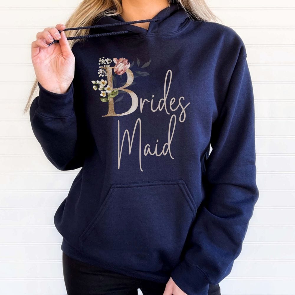 Floral bridal party hoodie for bridesmaid, BFF and bestie team on your wedding. Great idea for engagement announcement, bachelorette party, bridesmaid proposal box gift idea, rehearsal dinner, and after wedding parties. This cute getting ready present is a perfect addition for the bride's crew, team or squad.