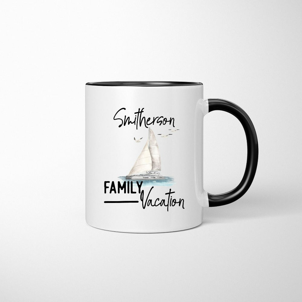 Matching family vacation coffee cup is a great way to get in the vacay mood for your getaway! Perfect cute reunion mug and souvenirs for camping, hiking, mountain retreat or lakefront vibes. Customize now to add a unique touch to this coastal beverage cup.