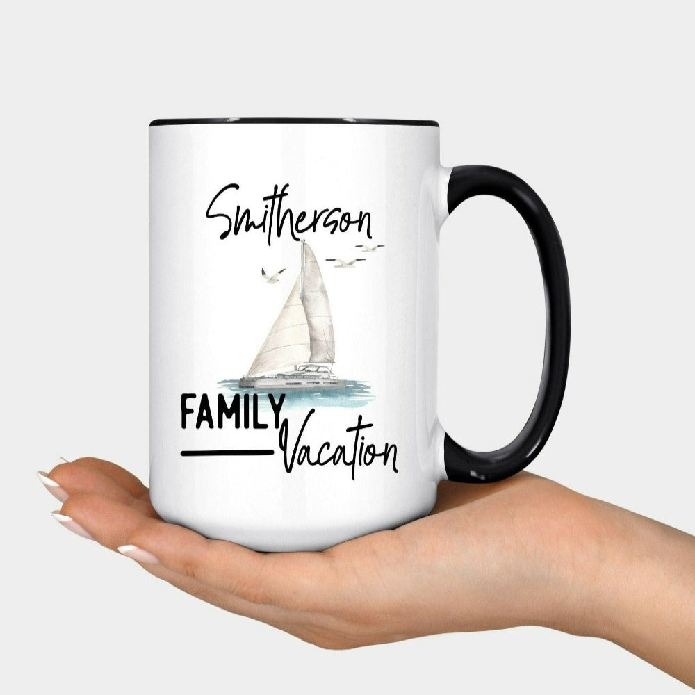 Matching family vacation coffee cup is a great way to get in the vacay mood for your getaway! Perfect cute reunion mug and souvenirs for camping, hiking, mountain retreat or lakefront vibes. Customize now to add a unique touch to this coastal beverage cup.