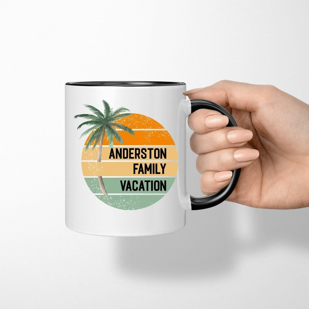 Personalized matching family group vacation coffee cup is a great way to get in Vacay mood for your getaway! This palm tree boho beachy gift and souvenir gives beach, island, cruise, lakefront vibes. Customize now with destination or name for a special touch.