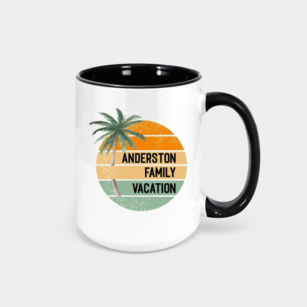 Personalized matching family group vacation coffee cup is a great way to get in Vacay mood for your getaway! This palm tree boho beachy gift and souvenir gives beach, island, cruise, lakefront vibes. Customize now with destination or name for a special touch.