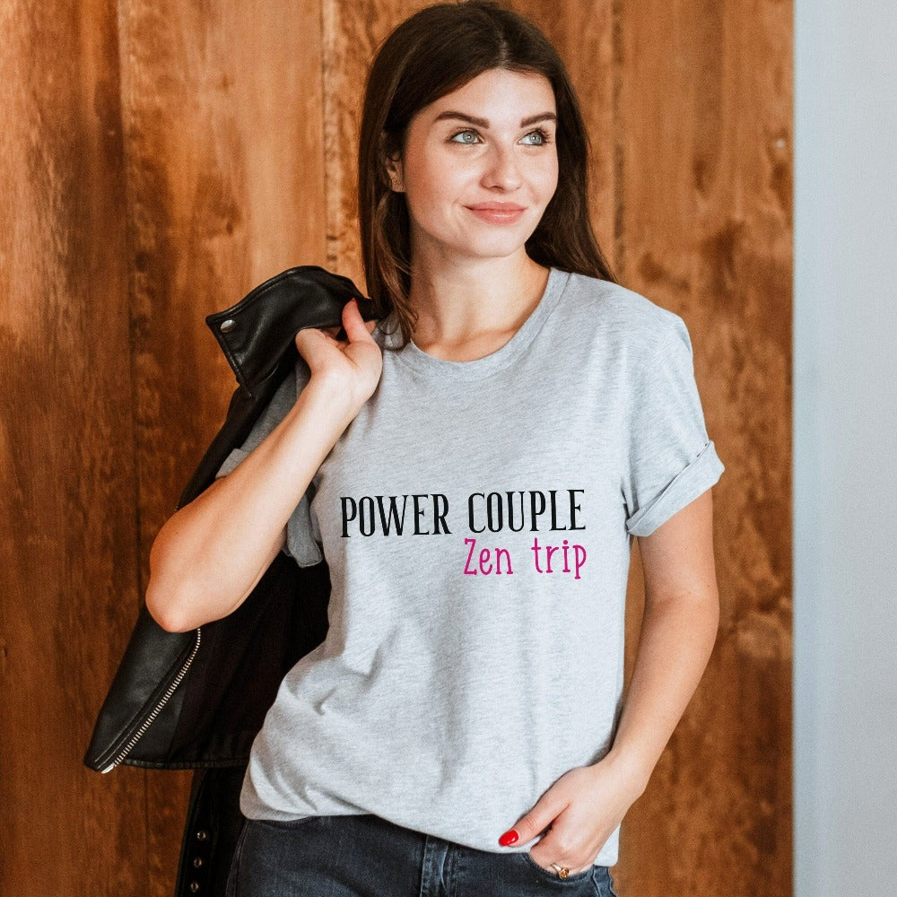 Matching power couple trip in progress shirt for your next vacation travels. This cute casual tee is perfect for couple's cruise vacations, family camping reunion, newlywed weekend getaway, dream cruise vacation, honeymoon mountain hike trip, island or airport lounge apparel. Get in the vacay mood and enjoy the best time ever with your travel buddy. 