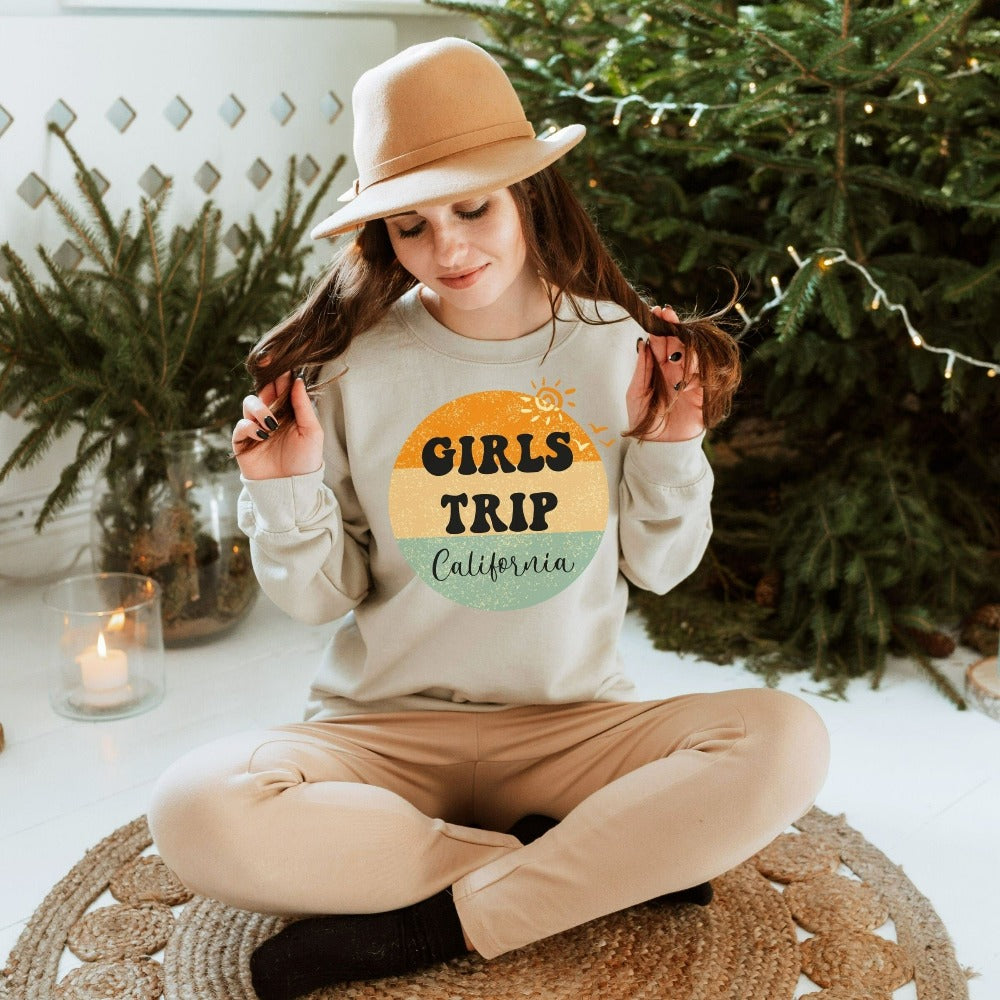 Customize for a personal touch. Travel or cruise with your besties and BFF in this cute girls' trip outfit. Perfect road trip shirt for bridesmaid, sorority sister, bachelorette party or that dream adventure on summer break. Get in the vacation spirit and vacay mode in style.