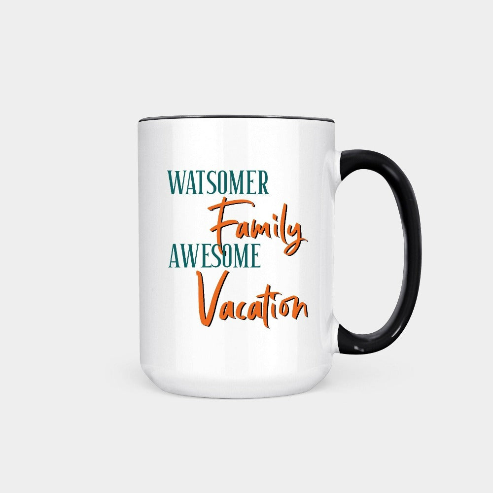 Personalized matching family group vacation coffee mug is a great way to get in Vacay mood for your getaway! Grab this custom family last name gift and souvenir for beach island cruise vacay vibes. Perfect for your adventure with your whole travel crew.