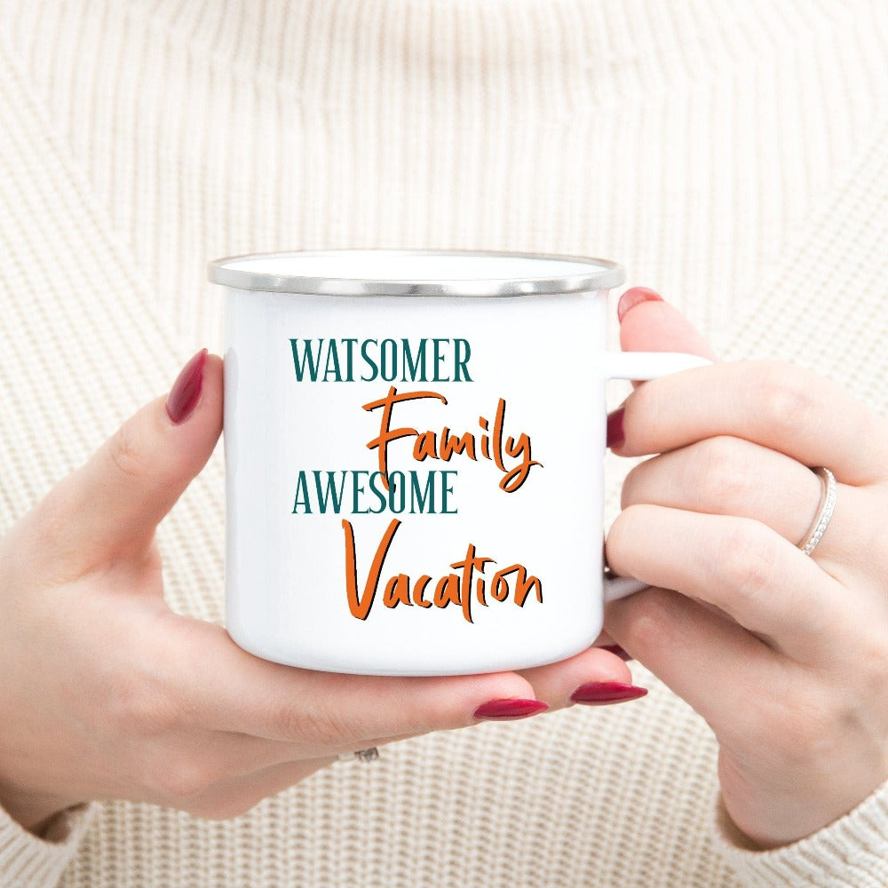 Personalized matching family group vacation coffee mug is a great way to get in Vacay mood for your getaway! Grab this custom family last name gift and souvenir for beach island cruise vacay vibes. Perfect for your adventure with your whole travel crew.