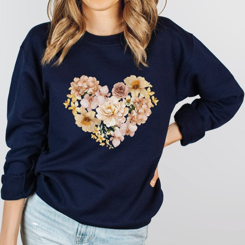 This adorable floral heart sweatshirt expresses self-love and love to others. The botanical cottage core boho look makes this design a favorite. This top can be a matching couples shirt, honeymoon travel outfit, or engagement gift idea for bride and groom. Great birthday, Valentines, Mother's Day, Christmas holiday, wedding, engagement or anniversary gift for wife, spouse, husband, girlfriend, fiancée, mom, daughter, sister, best friend, aunt and more.