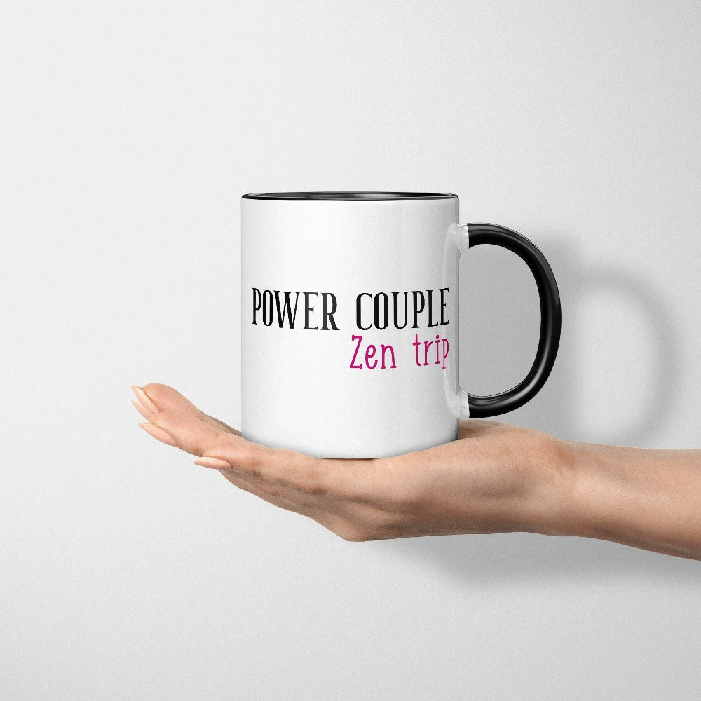 Matching power couple trip in progress coffee mug souvenir for your next camping vacation. Whether it's a family weekend getaway, dream cruise vacation or honeymoon mountain hike, get in the vacay mood and enjoy the best time ever with your travel buddy and best friend.