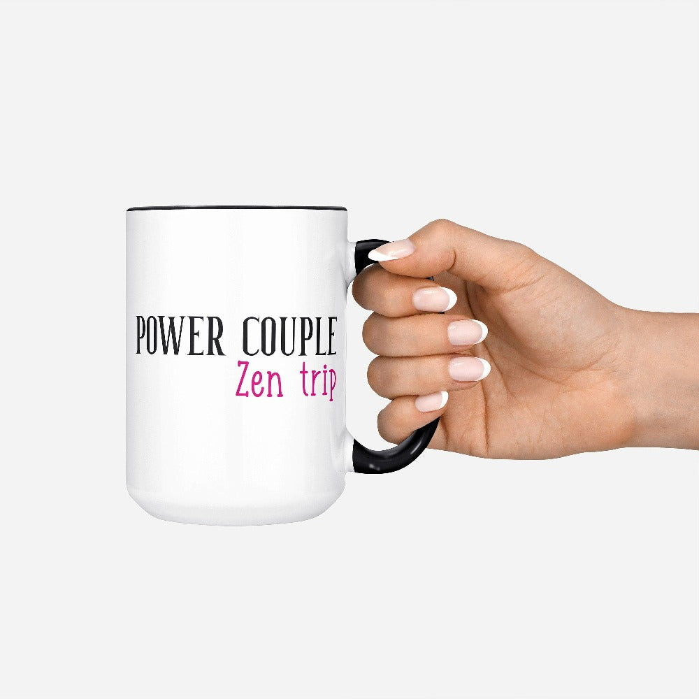Matching power couple trip in progress coffee mug souvenir for your next camping vacation. Whether it's a family weekend getaway, dream cruise vacation or honeymoon mountain hike, get in the vacay mood and enjoy the best time ever with your travel buddy and best friend.