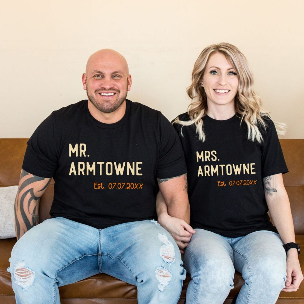 Mr and Mrs matching couples shirt. Heading out on a honeymoon vacation, family reunion cruise to celebrate your anniversary, this his and hers matching outfit is always a hit. Customized with name and date, it is a perfect bridal party wedding gift idea for bride and groom. Also great as a welcome gift for future soon-to-be daughter-in-law or son-in-law.