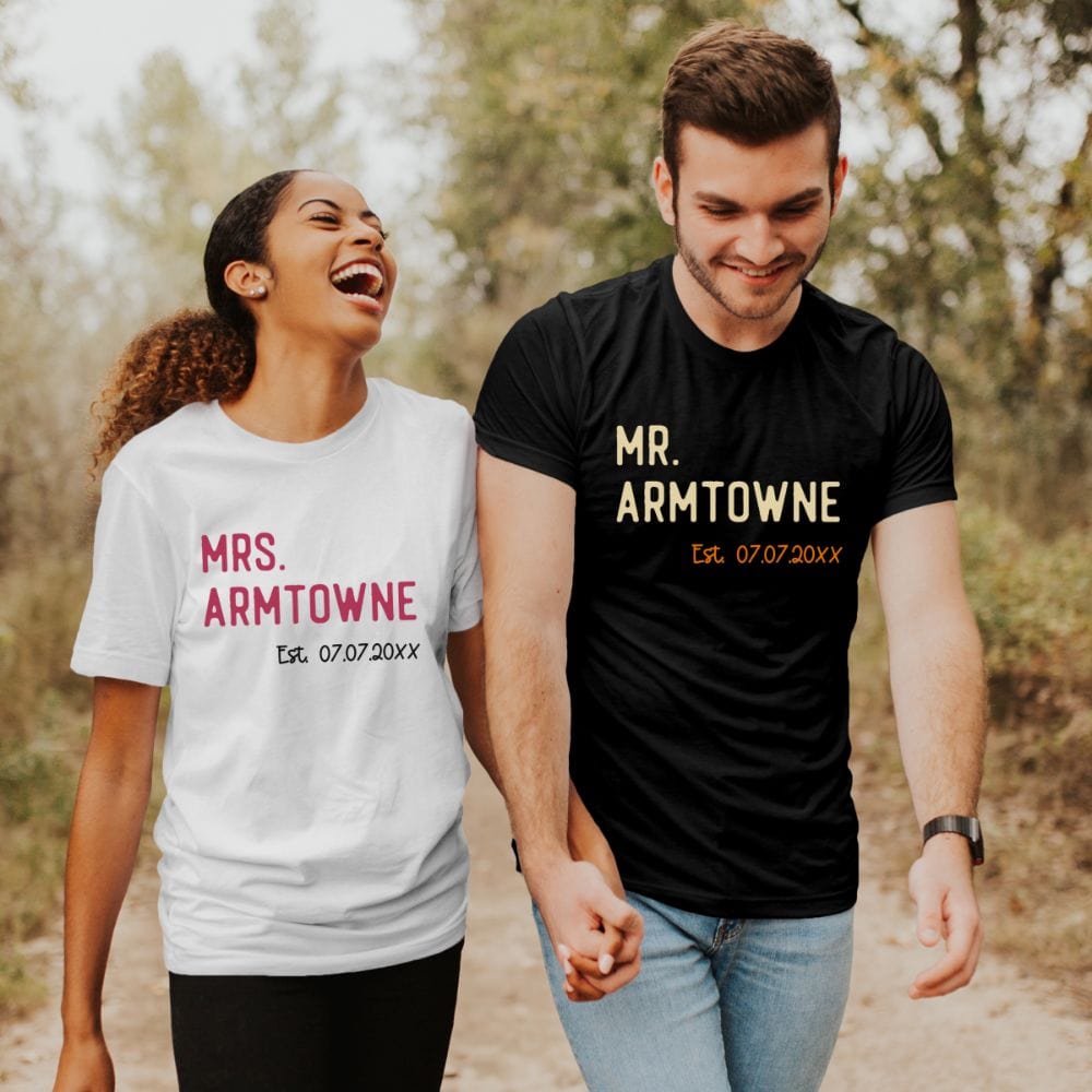 Mr and Mrs matching couples shirt. Heading out on a honeymoon vacation, family reunion cruise to celebrate your anniversary, this his and hers matching outfit is always a hit. Customized with name and date, it is a perfect bridal party wedding gift idea for bride and groom. Also great as a welcome gift for future soon-to-be daughter-in-law or son-in-law.