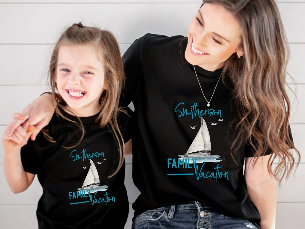 Custom nautical family vacation matching shirt for your next cruise retreat vacay. Personalize this casual tee with name or destination to stand out. This is a perfect  newly married couple gift idea for honeymoon travel, sisters girls group trip, or sorority island dream holiday.