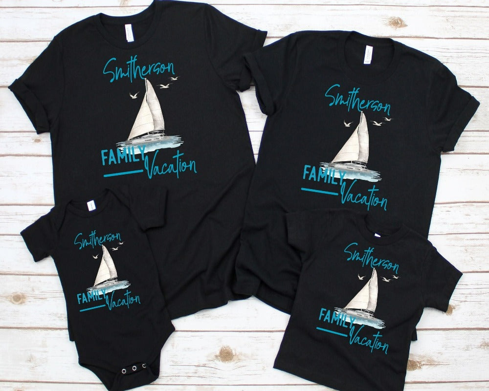 Custom nautical family vacation matching shirt for your next cruise retreat vacay. Personalize this casual tee with name or destination to stand out. This is a perfect  newly married couple gift idea for honeymoon travel, sisters girls group trip, or sorority island dream holiday.