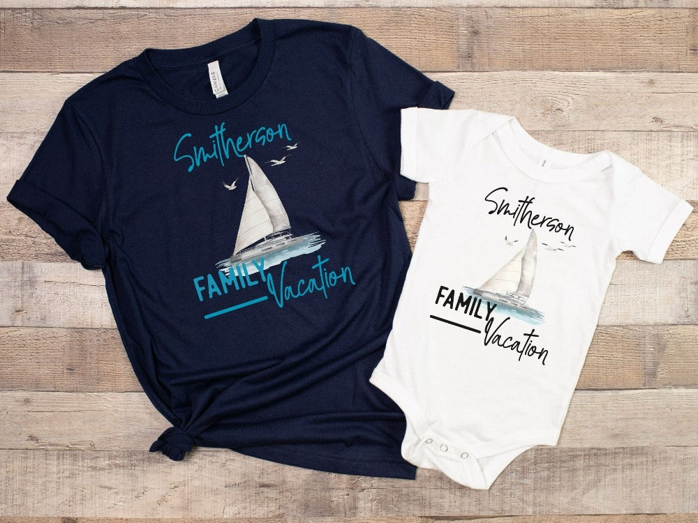 Custom nautical family vacation matching shirt for your next cruise retreat vacay. Personalize this casual tee with name or destination to stand out. This is a perfect  newly married couple gift idea for honeymoon travel, sisters girls group trip, or sorority island dream holiday.
