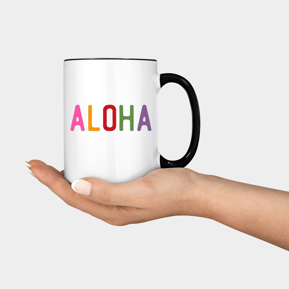Aloha with this cute vacation coffee mug souvenir for your family beach island cruise, dream destination honeymoon getaway, mother daughter weekend adventure, girls trip matching outfit. This perfect vibrant Hawaii travel gift idea is great for your summer break gift for your favorite traveler crew.