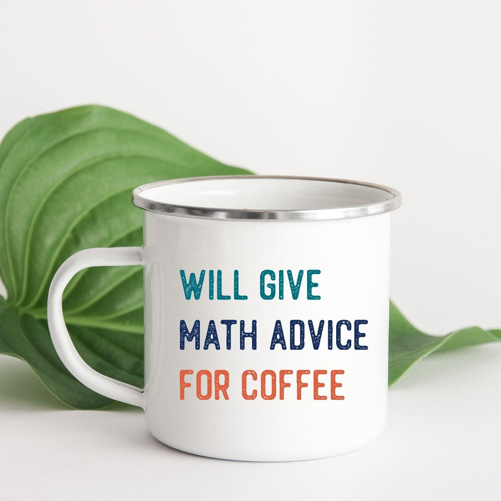 Mathematics teacher coffee mug. This colorful retro math teacher beverage mug is perfect for elementary, middle or high school arts teacher. Make a great back to school team present, Christmas gift, first day or last day of school shirt or summer break present.