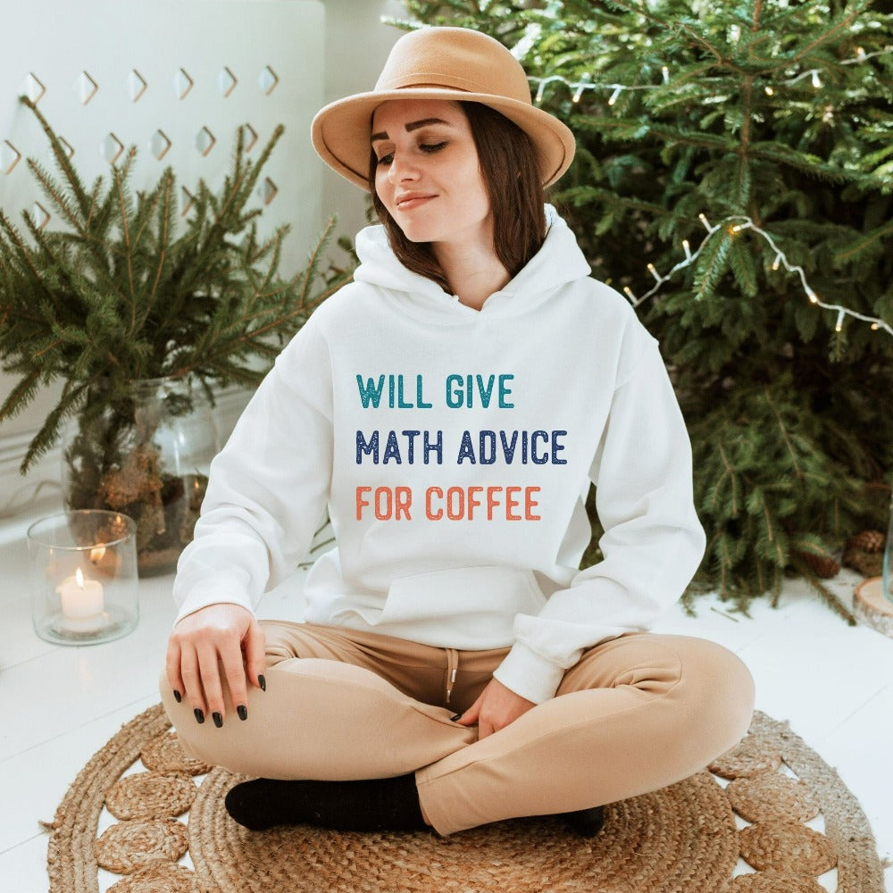 Mathematics teacher sweatshirt. This colorful retro math teacher casual top is perfect for elementary, middle or high school arts teacher. Make a great back to school team outfit, Christmas gift, first day or last day of school shirt or summer break shirt.
