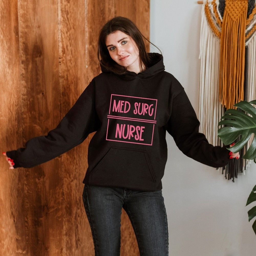 Medical Surgery Nurse sweatshirt. This cute retro gift idea works for Nursing Graduate, New Nurse, Med Surg Department Unit, or favorite Surgical Crew. Perfect appreciation thank you gift for hospital ward favorite nurse team and co-workers. Great staff work shirt for both night and day shifts.