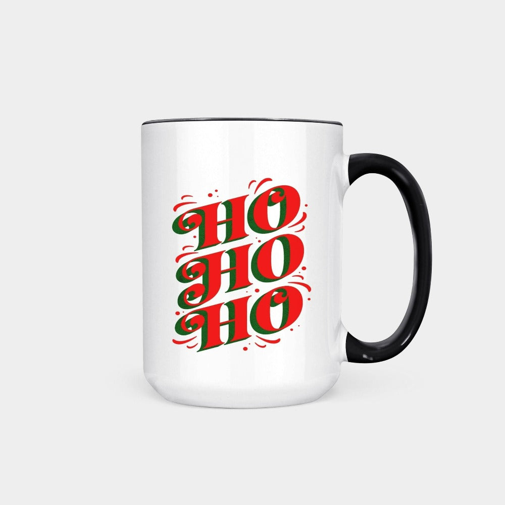 Jolly, merry and bright Ho Ho Ho Christmas coffee mug gift idea. Great matching family beverage cups for the holidays. Celebrate the Xmas spirit, snow days, sweater weather, lights and great friendship with this adorable festive teacup. Perfect gift idea fit for home visits, office end of year party, secret Santa, family stocking stuffers, teacher gifts and Christmas season presents.