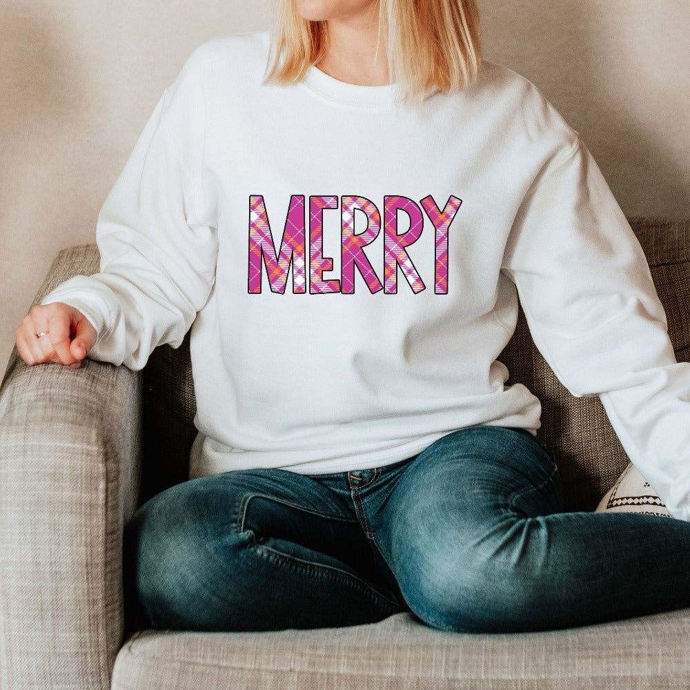 Merry Christmas Sweatshirt, Christmas Holiday Sweater, Buffalo Plaid Christmas Sweatshirt, Gift for Girlfriend, Christmas Hols Shirt