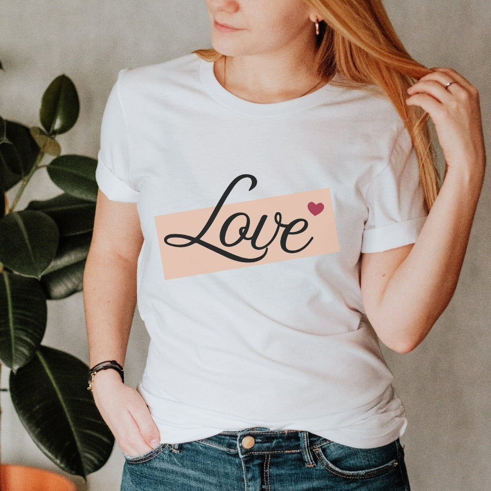 Adorable Love shirt with heart expresses self love, love to others and is a thoughtful gift for people you care about including yourself. This can be a matching couples tee, honeymoon travel outfit, or engagement gift idea for bride and groom. Great birthday, Christmas holiday, Mother's day, Valentines, wedding or anniversary t-shirt for wife, spouse, husband, girlfriend, fiancée, mom, daughter, sister, best friend, aunt and more.