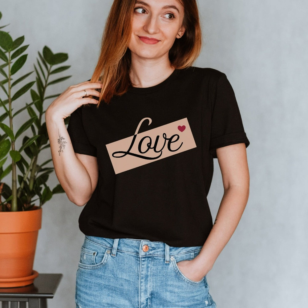 Adorable Love shirt with heart expresses self love, love to others and is a thoughtful gift for people you care about including yourself. This can be a matching couples tee, honeymoon travel outfit, or engagement gift idea for bride and groom. Great birthday, Christmas holiday, Mother's day, Valentines, wedding or anniversary t-shirt for wife, spouse, husband, girlfriend, fiancée, mom, daughter, sister, best friend, aunt and more.
