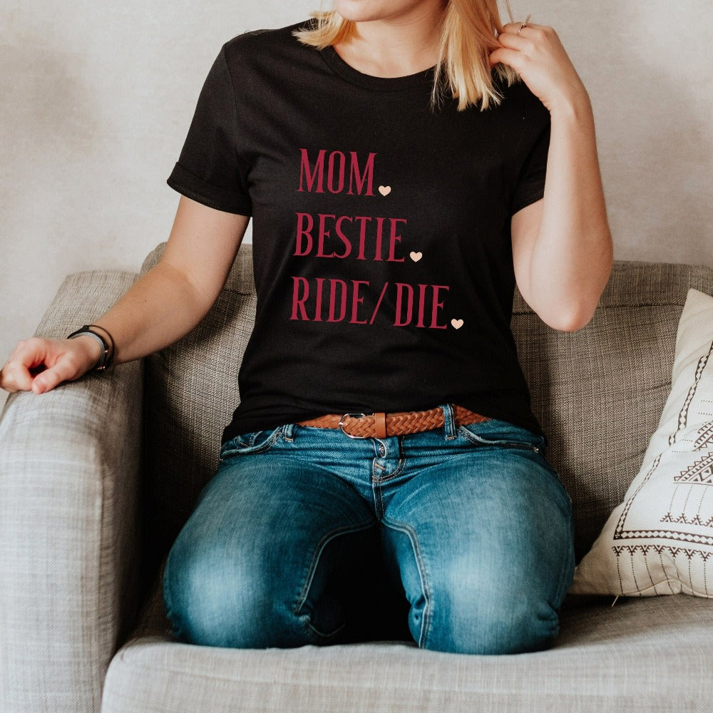 Mom Bestie casual tee. Celebrate mama and family with this shirt perfect for Mother's Day. This is a great baby announcement gift idea or baby shower present for the new mom. Also makes for a nice appreciative holiday gift from daughter or son.