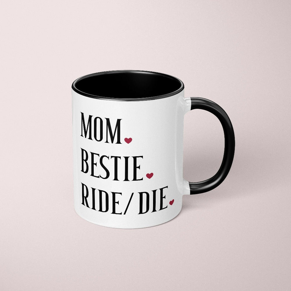 Mom Bestie coffee mug. Celebrate mama and family with this tea cup perfect for Mother's Day. This is a great baby announcement gift idea or baby shower present for the new mom. Also makes for a nice appreciative holiday gift from daughter or son.
