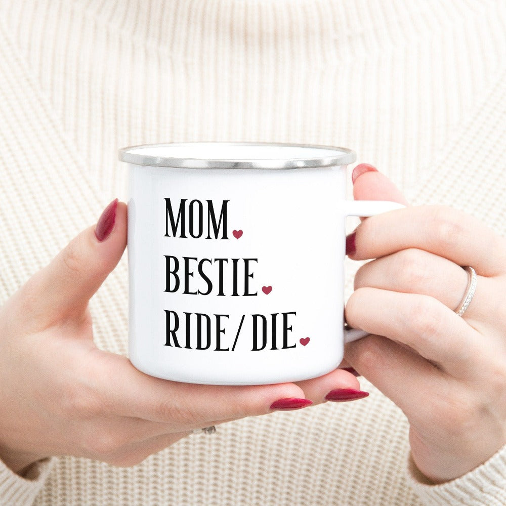 Mom Bestie coffee mug. Celebrate mama and family with this tea cup perfect for Mother's Day. This is a great baby announcement gift idea or baby shower present for the new mom. Also makes for a nice appreciative holiday gift from daughter or son.