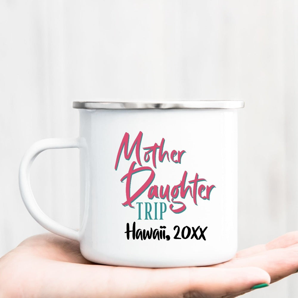 Perfect custom vacation souvenir for mother daughter family trip. Great for your road trip, airport flights, reunions, camping and hiking adventures. This coffee mug shows off your unbreakable bond on a cruise or beach. Customize with destination.