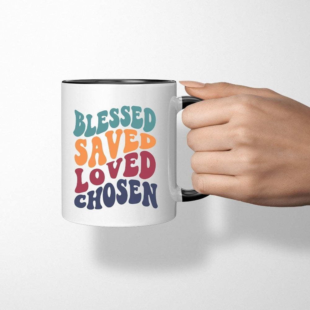 Christian faith based gift idea coffee mug for religious friend or loved one. Uplifting quote - Blessed, saved, Loved, Chosen . Great matching sweatshirt for a church convention, Sunday school or weekend service. Grab this for a birthday present for youth pastor or leader, minister or any other Christian family.