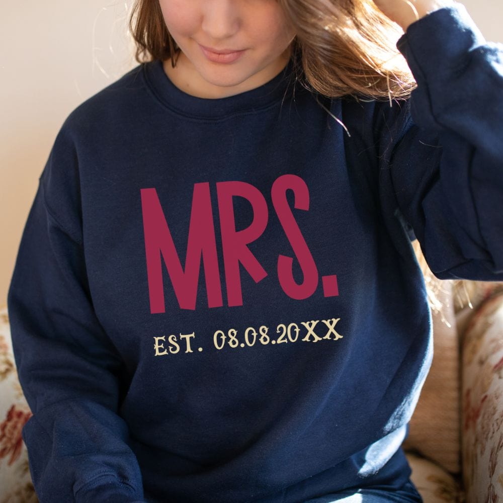 Mr and Mrs, Wife and Husband matching couples shirt. Heading out on a honeymoon vacation, family reunion cruise to celebrate your anniversary, this his and hers matching outfit is always a hit. Customized with date, it is a perfect bridal party wedding gift sweatshirt for bride and groom. Also great as a welcome gift for future soon-to-be daughter-in-law or son-in-law.