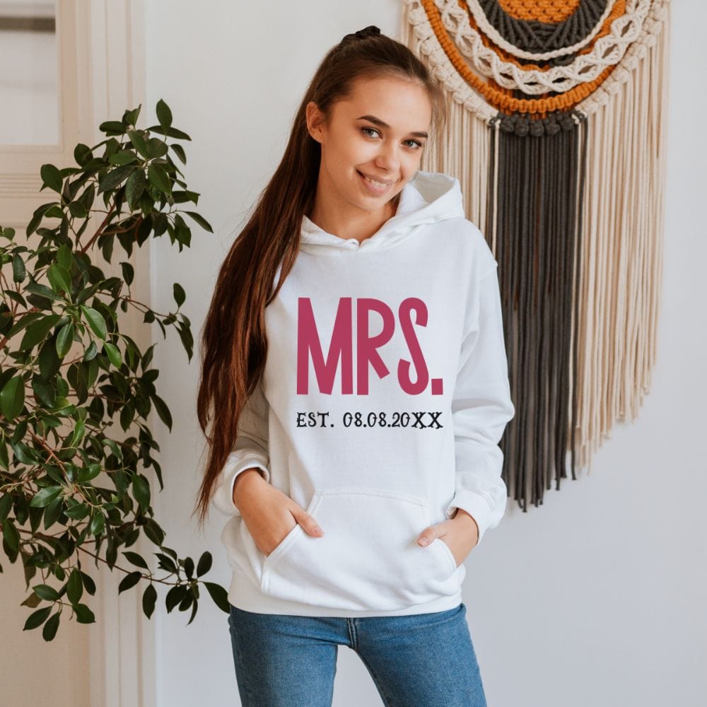 Mr and Mrs, Wife and Husband matching couples shirt. Heading out on a honeymoon vacation, family reunion cruise to celebrate your anniversary, this his and hers matching outfit is always a hit. Customized with date, it is a perfect bridal party wedding gift sweatshirt for bride and groom. Also great as a welcome gift for future soon-to-be daughter-in-law or son-in-law.