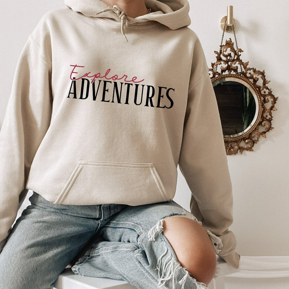 Explore adventures with this minimalist sweatshirt perfect for camping trips, family reunion cruises, girls road trips, island beach vacation, mountain hike or climb, mom daughter day out and more. This casual hoodie is a perfect gift for a travel buddy, friend or family as a birthday, Christmas holiday or vacay gift idea.