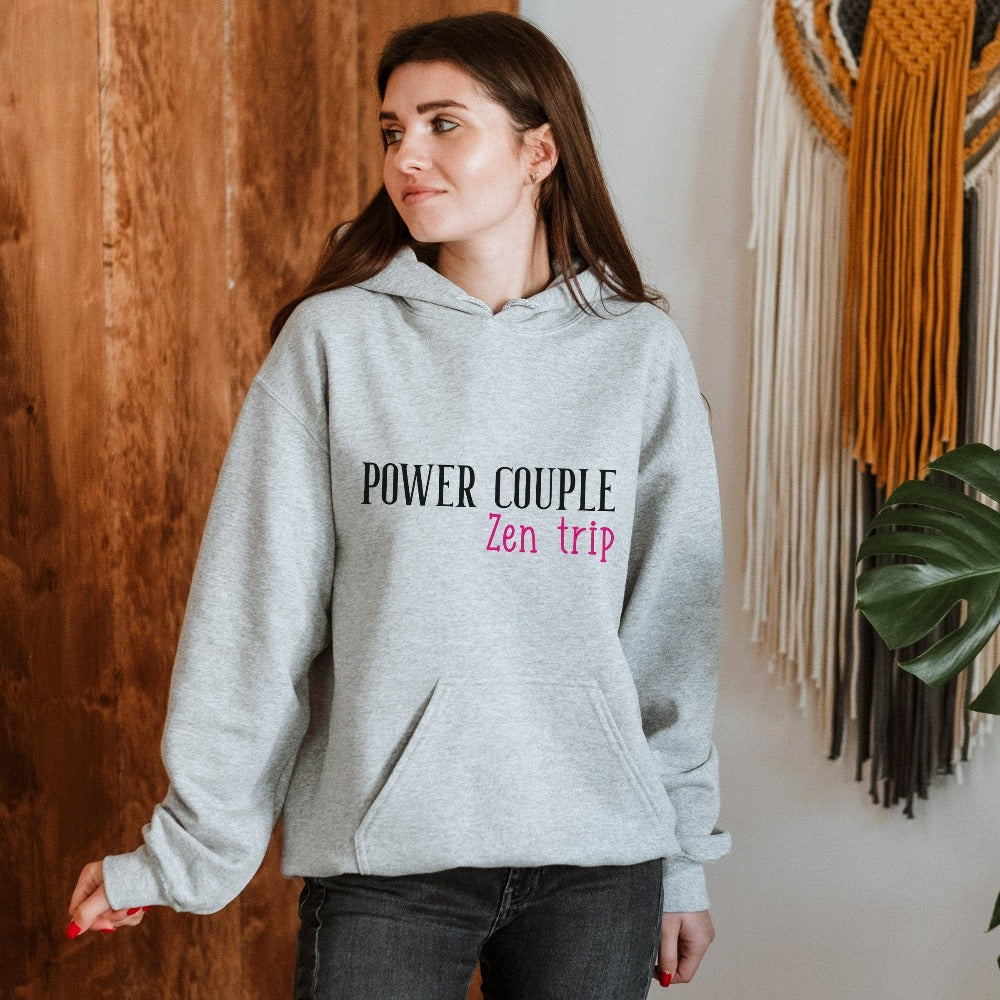 Matching power couple trip in progress sweatshirt for your next vacation travels. This cute outfit is perfect for couple's cruise vacations, family camping reunion, newlywed weekend getaway, dream cruise vacation, honeymoon mountain hike trip, island or airport lounge apparel. Get in the vacay mood and enjoy the best time ever with your travel buddy. 