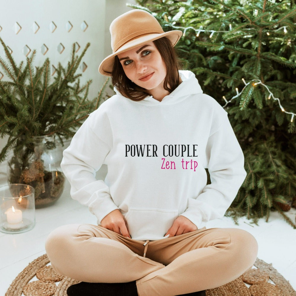 Matching power couple trip in progress sweatshirt for your next vacation travels. This cute outfit is perfect for couple's cruise vacations, family camping reunion, newlywed weekend getaway, dream cruise vacation, honeymoon mountain hike trip, island or airport lounge apparel. Get in the vacay mood and enjoy the best time ever with your travel buddy. 