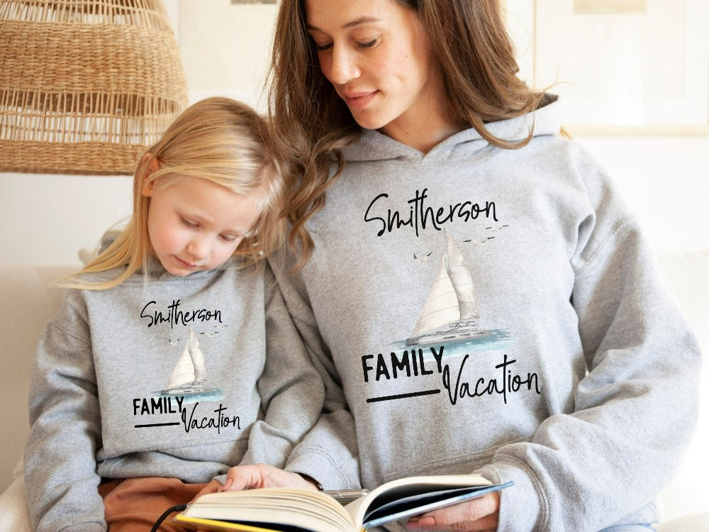 Custom nautical family vacation matching hoodie for your cruise vacay retreat. Personalize this sweatshirt with name or destination to stand out. This is a perfect gift idea for newly married couple honeymoon vacation, sisters or girls group trip, sorority island dream holiday.