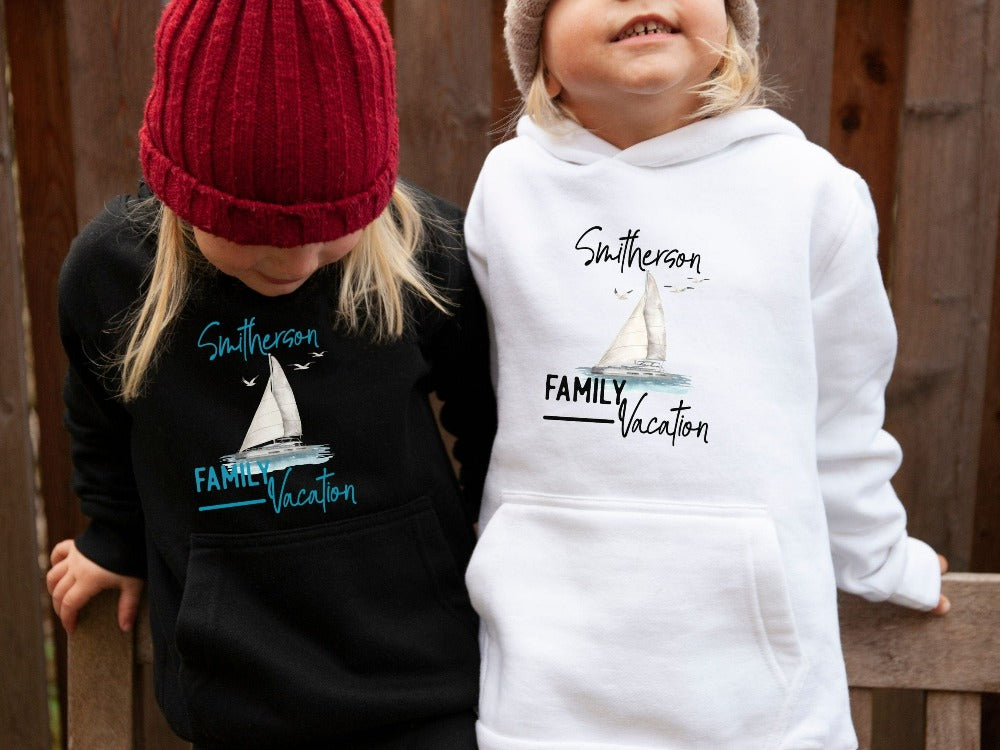 Custom nautical family vacation matching hoodie for your cruise vacay retreat. Personalize this sweatshirt with name or destination to stand out. This is a perfect gift idea for newly married couple honeymoon vacation, sisters or girls group trip, sorority island dream holiday.