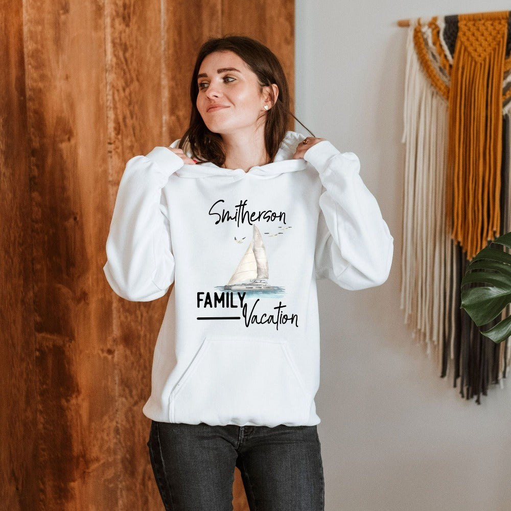 Custom nautical family vacation matching hoodie for your cruise vacay retreat. Personalize this sweatshirt with name or destination to stand out. This is a perfect gift idea for newly married couple honeymoon vacation, sisters or girls group trip, sorority island dream holiday.