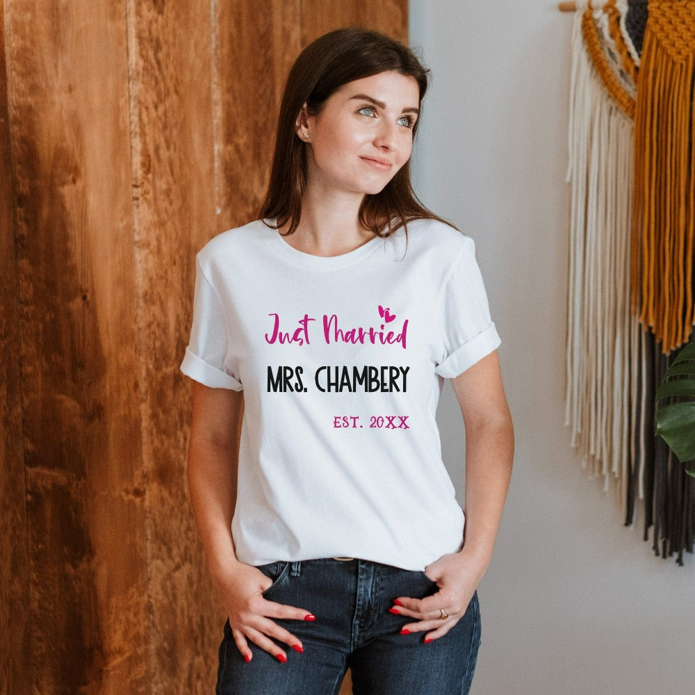 Grab this adorable wedding souvenir for the newest bride to be. Customized with name and date, this cute gift idea is perfect for a bridal shower present for the soon to be Mrs or engagement anniversary gift for wife/spouse. Custom personalized shirt outfit.