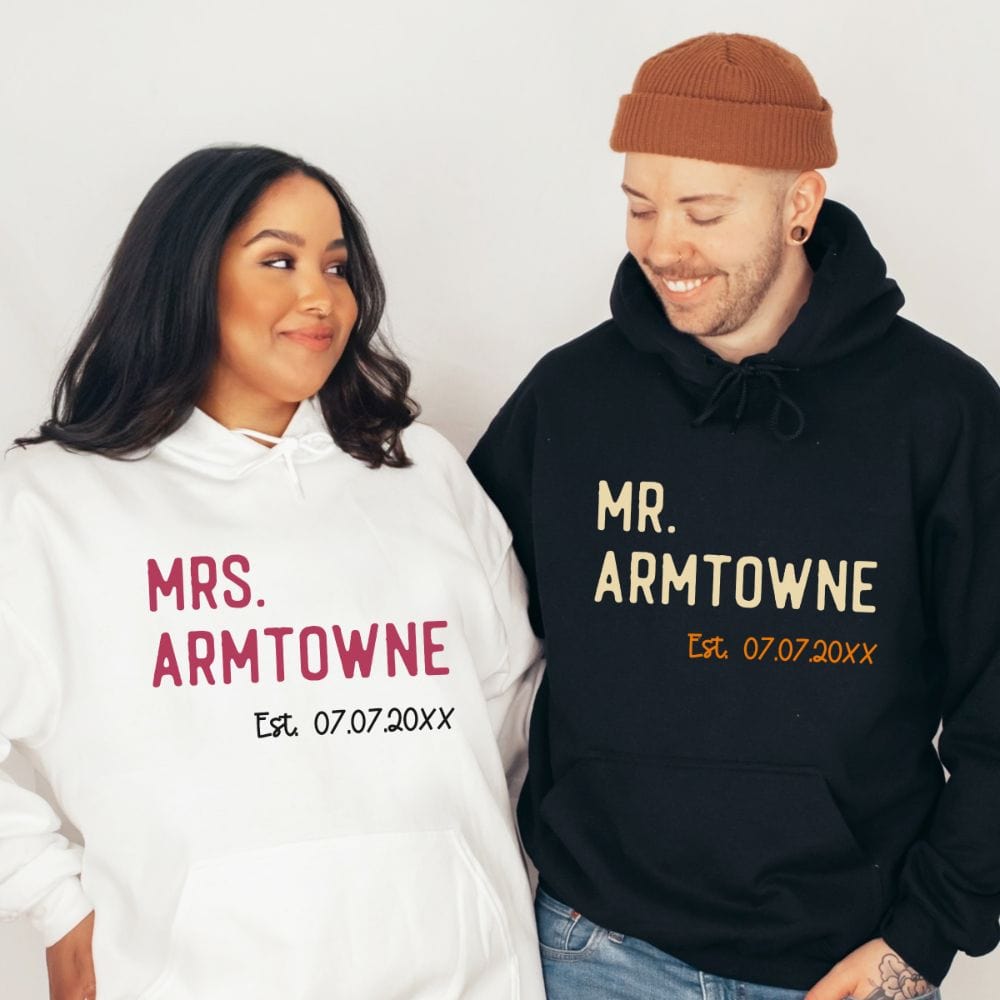 Mr and Mrs matching couples shirt. Heading out on a honeymoon vacation, family reunion cruise to celebrate your anniversary, this his and hers matching outfit is always a hit. Customized with name and date, it is a perfect bridal party wedding gift sweatshirt for bride and groom. Also great as a welcome gift for future soon-to-be daughter-in-law or son-in-law.
