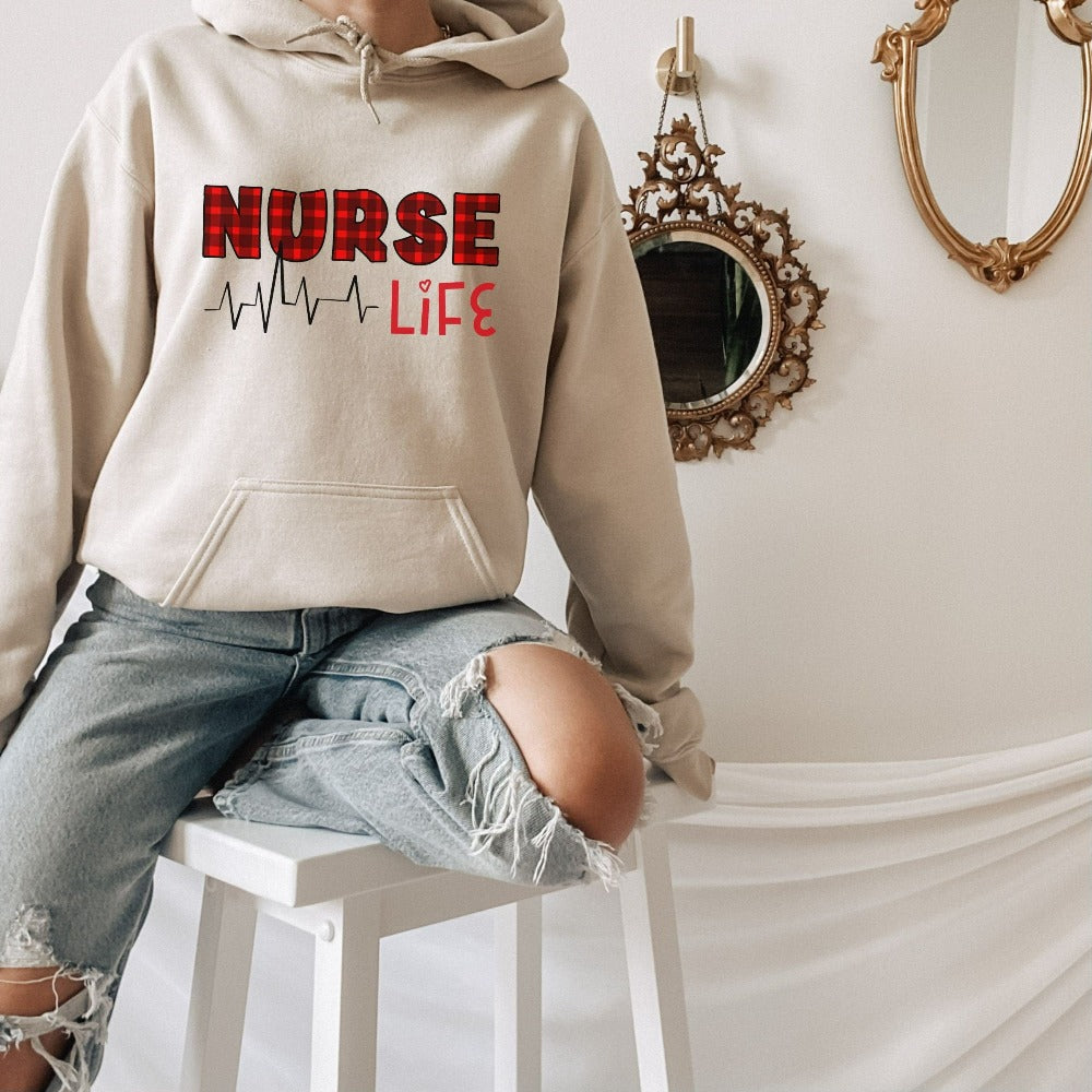 Nurse Crewneck Sweatshirt, Christmas Sweater, Nursing Student Holiday Shirt, Cute Nurse Life Buffalo Plaid, Nurse Graduation Gifts