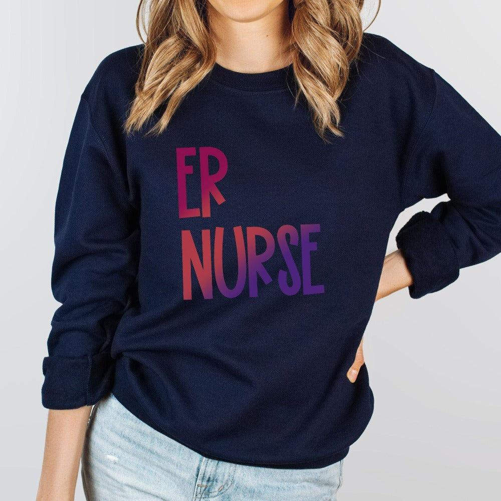 Emergency Nurse sweatshirt. This minimalist gift idea works for Nursing Graduate, New Nurse, Emergency Department Unit, ER Crew. Perfect appreciation thank you gift for hospital ward favorite nurse team and co-workers. Great staff work shirt for both night and day shifts.