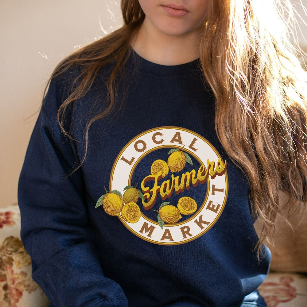 Local farmers market gift idea to support shop local. Great thoughtful sweatshirt present for farmer, gardener, fruit stand or garden store owner. Also a great birthday or holiday gift for any outdoorsy plant lover, organic enthusiast, best friend, grandma, friendly neighbor or mom.