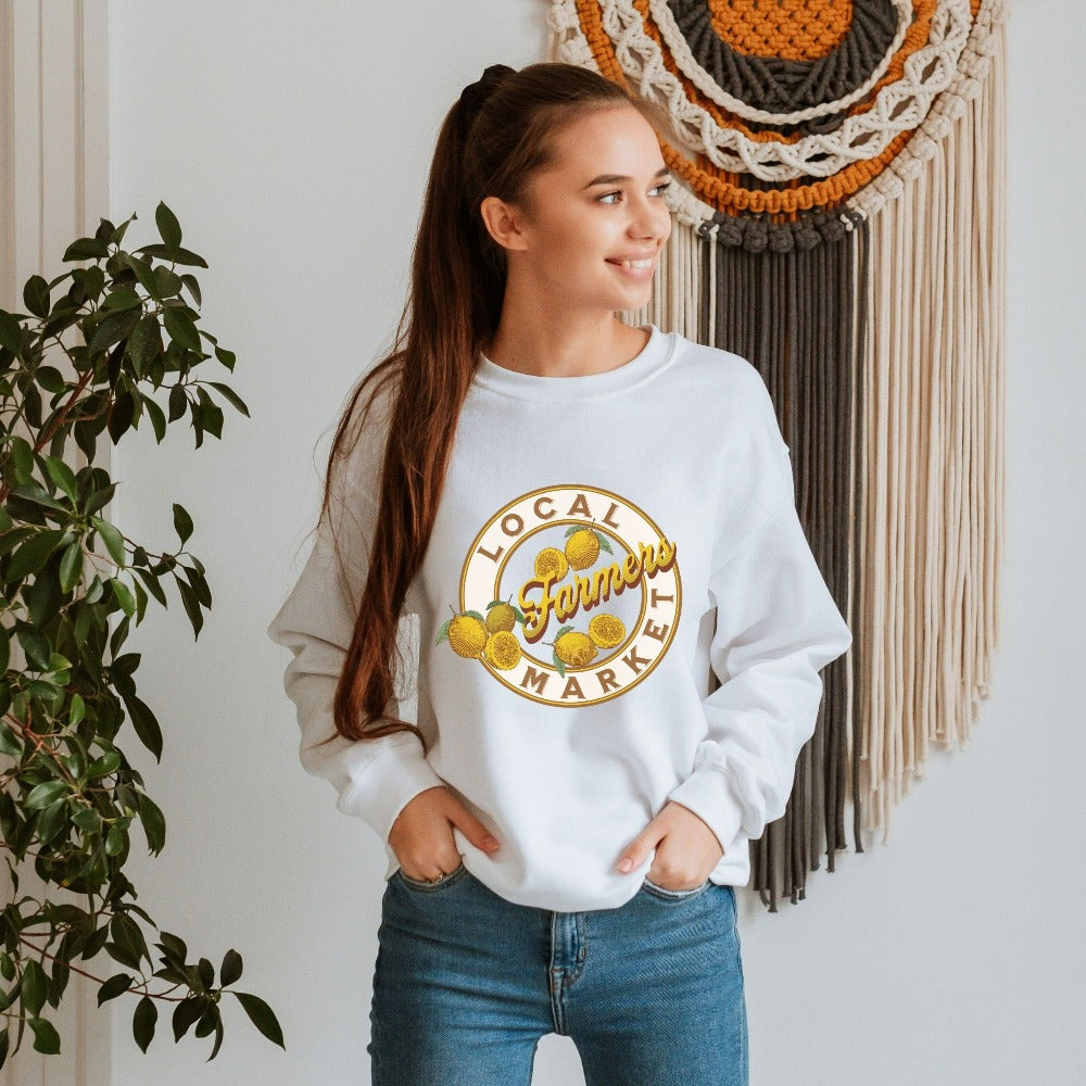 Local farmers market gift idea to support shop local. Great thoughtful sweatshirt present for farmer, gardener, fruit stand or garden store owner. Also a great birthday or holiday gift for any outdoorsy plant lover, organic enthusiast, best friend, grandma, friendly neighbor or mom.
