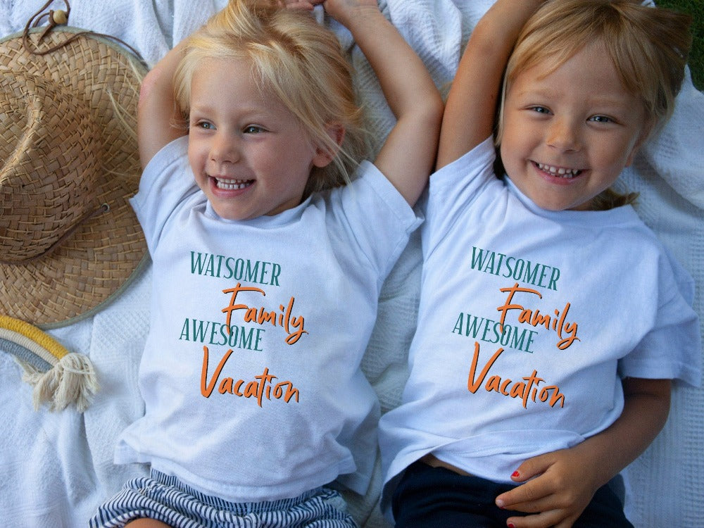 Personalized matching family group vacation casual tee outfit is a great way to get in Vacay mood for your getaway! Grab this custom family last name gift and souvenir for beach island cruise vacay vibes. Perfect for your adventure with your whole travel crew.