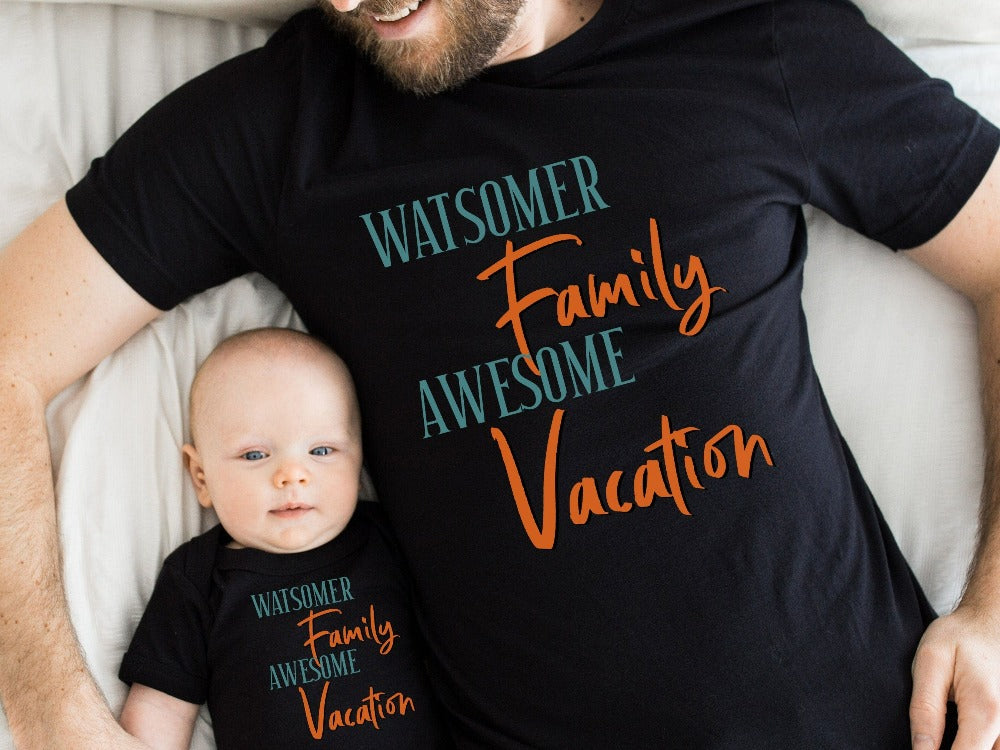 Personalized matching family group vacation casual tee outfit is a great way to get in Vacay mood for your getaway! Grab this custom family last name gift and souvenir for beach island cruise vacay vibes. Perfect for your adventure with your whole travel crew.